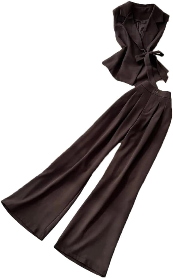 Womens Two Piece Sleeveless Coat and Pant Set Turn Down Collar Waistcoat Wide Leg Long Trousers Spring Outfit