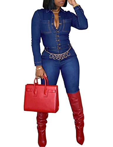 Ebu Gogo Women's Denim Jumpsuit and Rompers One Piece Casual Jean Denim Button Down Long Sleeve Overall