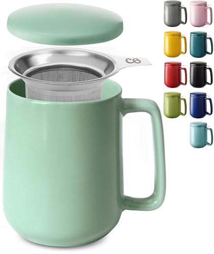 Cosumy Caneca de chá com filtro e tampa 500 ml, cerâmica, mantém a infusão quente, adequada para máquina de lavar louça (verde hortelã)