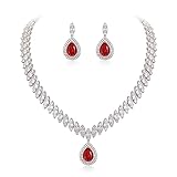 EVER FAITH Women's CZ Marquise-Shaped Leaf Teardrop Pendant Necklace Earrings Set Red Silver-Tone