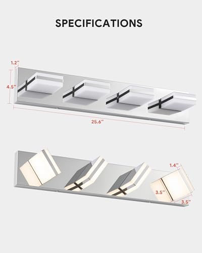 Image of VONLUCE Bathroom Vanity Light Fixture, 4-Light Modern LED Vanity Light, 3CCT Adjustable Bathroom Lights with Memory Function Rotatable Shades, 26 inch Wall Lighting Fixture Over Mirror, Chrome