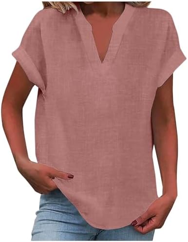Tunic Tops for Women Loose Fit Dressy Casual Buttons Vneck Blouses Trendy Summer Cotton Linen Shirt Holiday Outfits