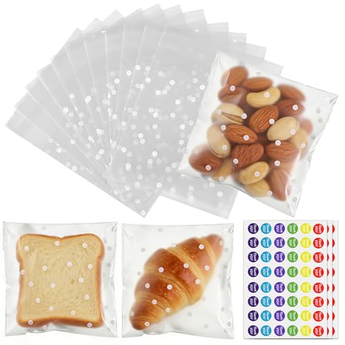Realjoy Cellophantüten Klein Klar, 100 Stück Selbstklebend Zellophantüten mit 144 Aufklebern, Transparent Plätzchentüten mit Weiße Tupfen, Kleine Plastiktüten für Süßigkeiten Schokolade Kekse(14x14cm)
