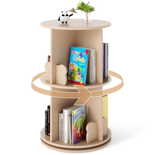 HONEY JOY Kids Rotating Bookshelf, 2 Tier Freestanding 360° Revolving Display Storage Rack w/Bear Baffles, Round Spinning Corner Bookcase for Small Space, Kids Bedroom, Playroom, Living Room