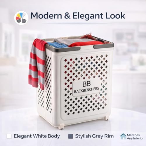Image of Laundry Bag, Large Laundry Basket, Durable Plastic Storage Basket with Ventilated Diamond Design With Wheel At Bottom, Grey Rim Bathroom & Bedroom Organizer, 45L (PACK OF 1)