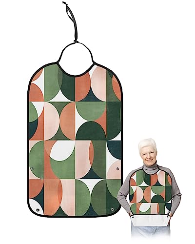 Abstract Geometric Adult Bib for Eating with Crumb Catcher,Washable & Waterproof Terry Cloth Adjustable Elderly Women Men Adult Bibs Funny Apron Clothing Protector Chic Multi Middle Century Aesthetics