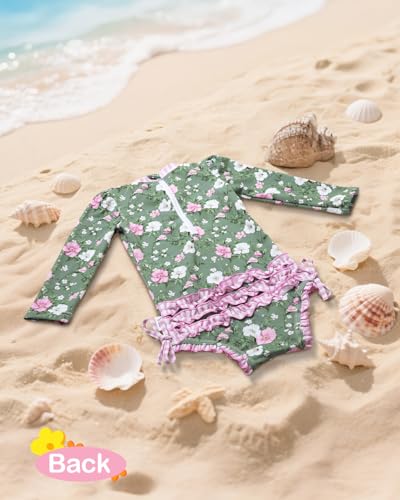 Image of ALVA Girls' One Piece Swimsuit with Hat, Baby Rash Guard Sets,Long Sleeve Zipper UPF 50+ Sun Protection Bathing Suit