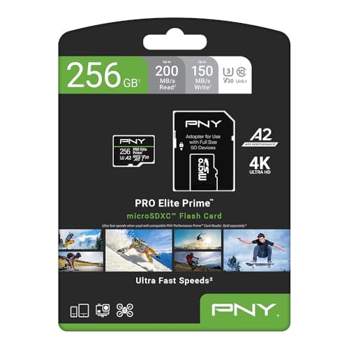 PNY Carte microSDXC 256GB Pro Elite Prime Class 10 U3 V30 A2 + Adaptateur SD - jusqu'à 200MB/s, Class 10, U3, V30, A2, 4K UHD, Full HD, UHS-I