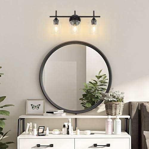 Image of foucasal Bathroom Vanity Light Fixtures, 3-Lights Modern Black Vanity Lighting with Clear Wine Glass Shade, Bathroom Lights Over Mirror, Wall Lamp for Bedroom, Hallway, Living Room, Restroom