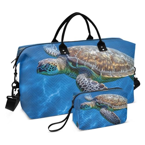 Large Travel Duffel Bag, Retro Sea Turtle Blue Sport Tote Gym Bag, Shoulder Weekender Overnight Bag for Women Men, Carry On Luggage with Toiletry Bag