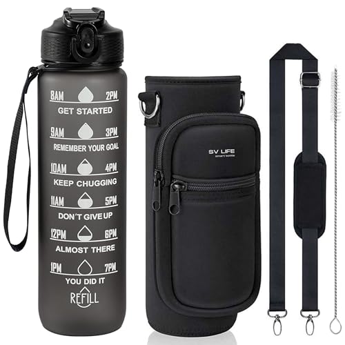 SV life Botella Agua Motivacional 1L | incl. Funda Neopreno con Bolsillos, Correas, Pajita, Cepillo | Tapón Automático Hermético con Seguro | para Gimnasio, Deporte, Running | sin BPA