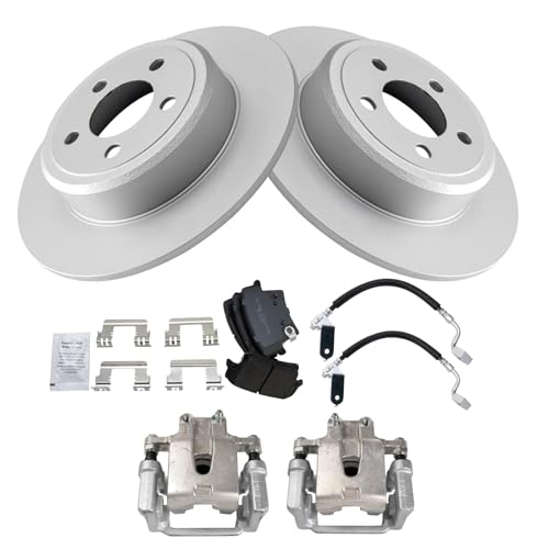 Image of TRQ Rear Brake Pad and Rotor Set Semi Metallic Coated Rotors Calipers Compatible with 2005-2018 Chrysler 300 2010-2015 Dodge Challenger 2006-2016 Charger 2005-2008 Magnum