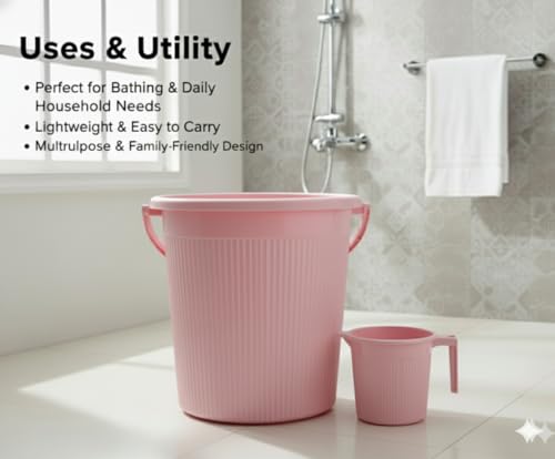 Image of MODWARE Plastic Bucket Set with Mug, 20L Bucket with 1L Mug, Polypropylene, Round Shape, (Pink, 20 L)