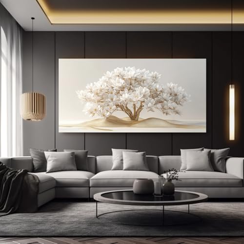Tableau sur toile arbre en fleurs blanc paysage abstrait moderne horizontal 70x160cm