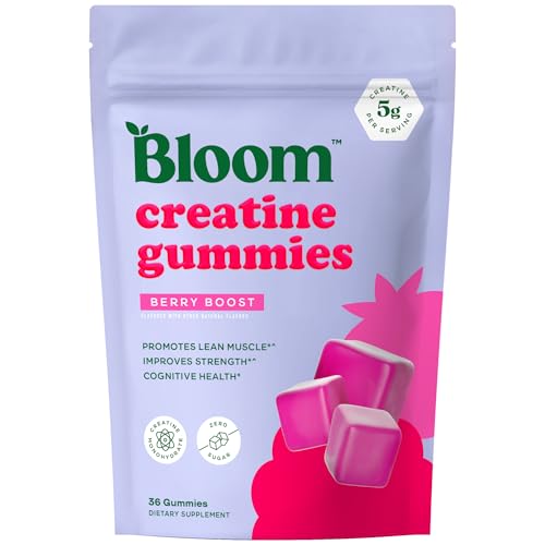 Bloom Creatine Monohydrate Gummies 5g Per Serving Sugar Free Creatine Gummy for Workout Strength Cognitive Health & Lean Muscle Support Gluten Free & Non GMO Berry Boost 36 Gummies 12 SVG