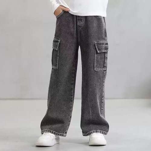 Boys Girls Jeans Cargo Pants with 6 Pockets Elastic Waist Wide Leg Denim Pants Kids Jeans 2-12 Years2