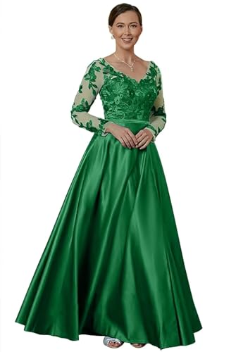 Long Sleeve Mother of The Bride Dresses for Women Satin Appliques Formal Party Evening Gowns