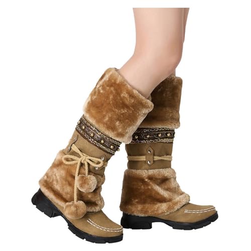 SACFOF Mid Calf Boots for Women,Winter Lace Up Pompoms Platform Anti-Slip Furry Snow Boots Fur Lined Keep Warm Knight Boots3