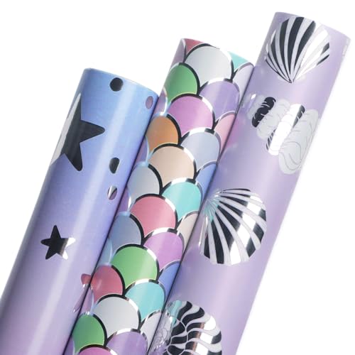 Ribbli Mermaid Scale Scallop Birthday Wrapping Paper 3 Rolls Pink and Lavender Purple Mermaid Wrapping Paper for Girls- Mini Roll 17 inch x 120 inch(10feet) Per Roll