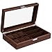 BEWISHOME Watch Box 6-Slot Watch Case and 3-Slots Sunglasses Box for Men, Sunglasses Storage with Large Glass Lid, Jewelry Box for Men Women Brown SSH18Z