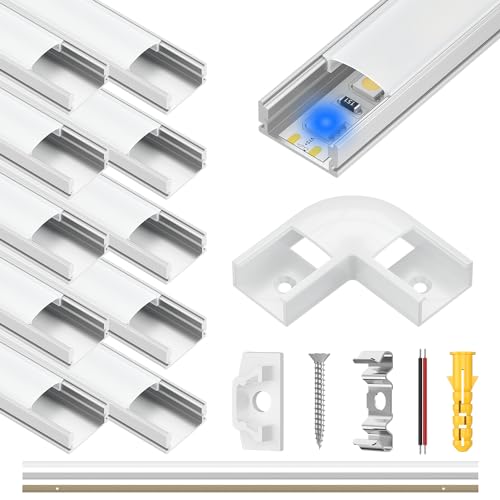 Xwartre LED Profil 10 x 1m, 10 Pack Led Aluminium Profil V-Form mit Weiß Milchige Abdeckung, Endkappen, und Montageklammer für LED-Streifen, LED Kanäle für LED Strips/Band bis 10 mm inkl (U-profil)