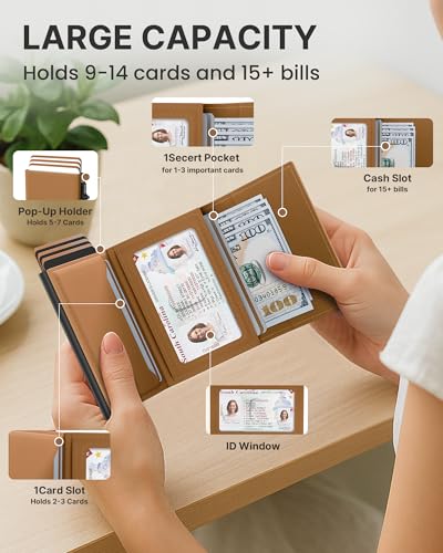 Image of typecase Womens Wallet Card Holder: Pop Up Card Case, Genuine Leather, RFID Blocking, Slim, Minimalist, Thin, Small Size - 9-14 Card Capacity, ID Window, Cash Pocket (Caramel Tan)
