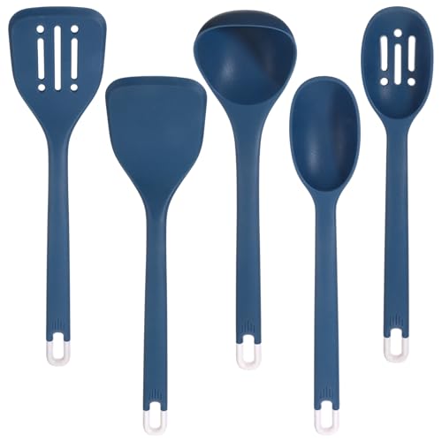 5 Pcs Silicone Kitchen Cooking Utensils Set: Heat Resistant 13inch Long Kitchen Gadgets, BPA Free Non Stick Rubber Cook Accessories For Food Prep, Frying, Serving, Basting, Dark Blue