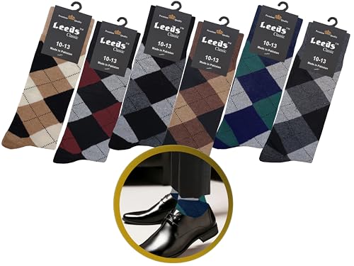 DIAMOND ARGYLE FORMAL DRESS SOCKS 6 PAIRS NATURAL COTTON SIZE 10-134