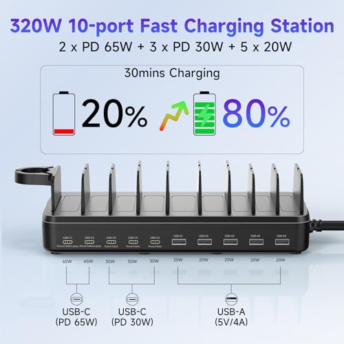 Image of 320W Charging Station for Multiple Devices, 10 Ports Fast Multi-Device Charger Organizer Compatible with MacBook Pro Laptop, iPhone, Android, Ipad, Tablet, Kindle, Multi-Device Charging Dock（Black）