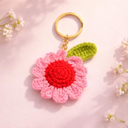 Image of Handmade Crochet Sunflower Keychain for Women & Girls, Cute Yellow Flower Key Ring Charm, Soft Yarn Knitted Gift, Bag Charm, Car Key Holder, Aesthetic Handmade Floral Accessory