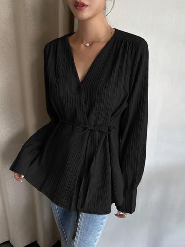 Image of Leriya Fashion Women's V-Neck Pleated Tunic Top - Long Sleeve Drawstring Waist Summer Blouse, Lightweight Casual Shirt for Office, Travel, Daily