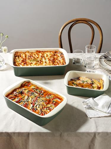 Image of LE TAUCI Deep Casserole Dishes for Oven, 13.7 inchx9.6 inch Ceramic Baking Dish Set with Roasting Racks, Large Lasagna Pans with Handles, Rectangular Bakeware as Gift for Mom, Forest Green (4.6QT /3.0QT /1.6QT), Set of 3