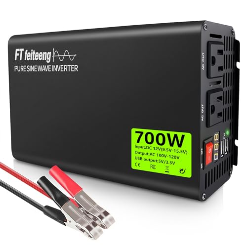 Image of 700w Pure Sine Wave Inverter, Dc 12v to Ac 110v/20v Inverter with Dual USB Ports Us Sockets,1400w Peak Car Power Inverter for Vehicles Rv Home Camping Car Truck