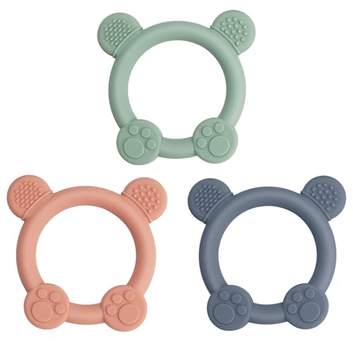 Image of Meartchy 3 Pack Baby Teether, Bear-Shaped Silicone Teething Toys for Infants 0-24 Months, BPA-Free Chew Toys to Soothe Sore Gums (Pale Pink & Green & Blue)