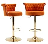 Lin-Utrend Luxury Swivel Bar Stools Set of 2,Velvet Height Adjustable Chair,Swivel Bar Stool, Upholstered Counter Stool,Curved Mid Back Kitchen Island with Nailheads Trim Golden Round Base (Orange)