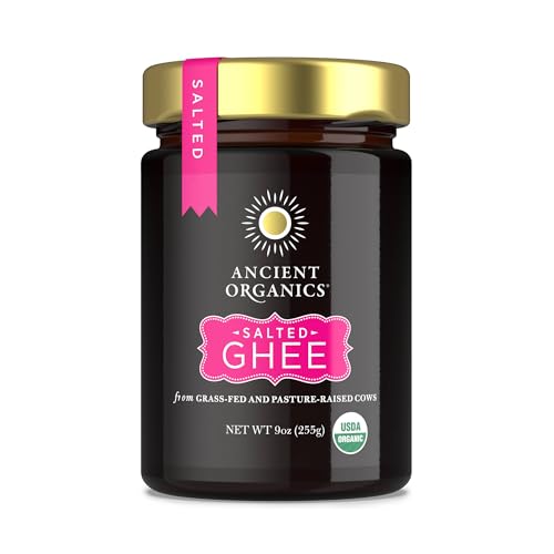 Ancient Organics Salted Ghee - Organic Grass Fed Ghee Butter, Gluten Free, Clarified Butter, Vitamins & Omegas, Lactose Reduced, Kosher, USDA Certified - 9 Oz (Pack of 1)