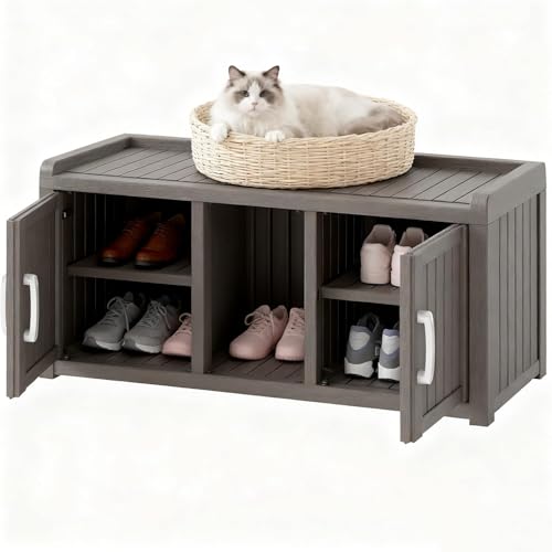 Image of Outdoor Shoe Storage Cabinet, Waterproof UV-Resistant Resin Storage Bench Indoor Outdoor with 2 Doors, Adjustable Shelves for Entryway, Bedroom, Hallway,Living Room(Grey)