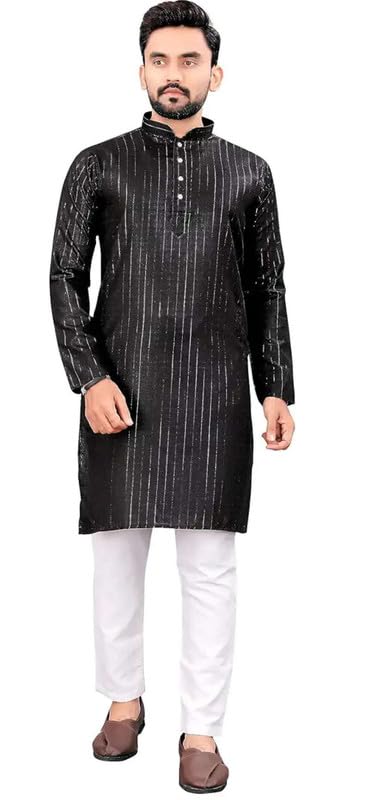 Image of FASHION GALLERY Men's Solid Pattern Polycotton Kurta with Long Sleeve Round Neck Knee Length and Pull On Closure Type|Men Kurta Pajama Set