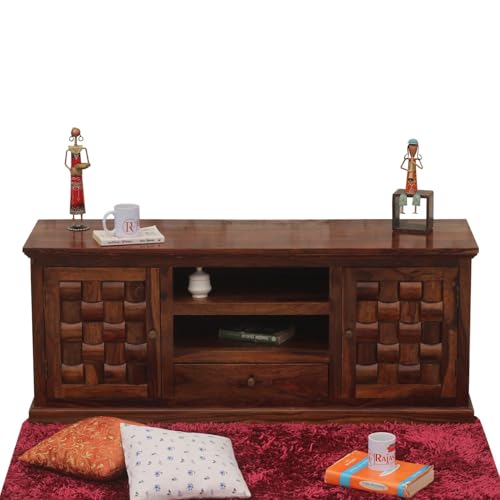 Image of Solid Wood TV Unit for Living Room 55 Inch Furniture - Wooden TV Unit with Storage Cabinet with 1 Drawr, 6 Shelves Wooden TV Cabinet for Living Room - Fits up to 55-Inch TV (Nathan)