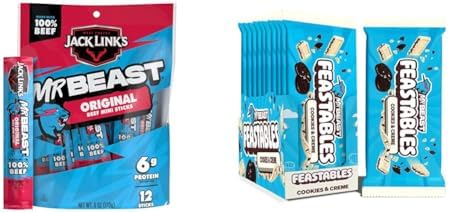 Jack Link’s x Feastables MrBeast Sweet and Savory Bundle, Original Mini Beef Sticks – 6g Protein per Serving, Cookies & Creme Chocolate Bars, 12 0.5oz Meat Sticks and 10 2.1oz Chocolate Bars