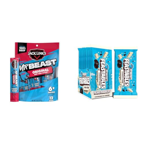 Jack Link’s x Feastables MrBeast Sweet and Savory Bundle, Original Mini Beef Sticks – 6g Protein per Serving, Cookies & Creme Chocolate Bars, 12 0.5oz Meat Sticks and 10 2.1oz Chocolate Bars