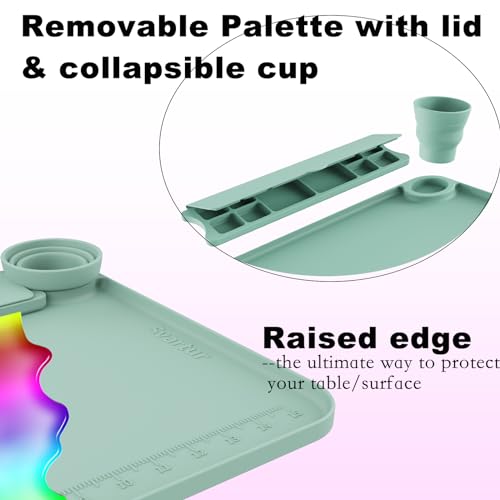 Image of Svartur Silicone Painting Mat with Cup and Palette Detachable, 17 inchX13 inch Thick Silicone Craft Mat with Raised Edge for Artist, Kids Painting Station Silicone Creator Mat, Gray & Coral Pink