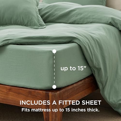 Image of Bedsure Duvet Cover King Size with Fitted Sheet - 4 Pieces Prewashed Cotton-Like Polyester Extra Soft Bedding Set, Includes 1 Duvet Cover 104x90 Inches, 2 Pillow Shams, 1 Fitted Sheet, Sage Green