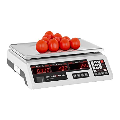 Steinberg Systems SBS-PW-402CR Kontrollwaage Marktwaage 40 kg / 2 g Preiswaage Digitale Waage 7 Speicherplätze Ladenwaage mit Preisanzeige Tischwaage mit LED-Display integrierter Akku Cover