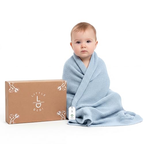 Image of Organic Cotton Baby Blanket 30x40 in, Baby Blue - GOTS Certified, Soft Knit Swaddle with Gift Box, Breathable Nursery Blanket for Crib & Stroller, Machine Washable