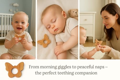 Image of Shark Doo Doo Neem Wood Baby Teether | Organic & Handcrafted | Chemical-Free, Paint-Free, Antibacterial Teething Toy for Infants & Toddlers - Natural Wooden Teether (Butterfly)