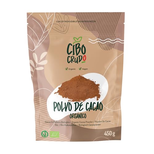 Cacao Amargo en Polvo - 450g. Cacao en Polvo Orgánico Natural y Puro procesado a bajas temperaturas. Cacao Crudo en Polvo Ecológico Rico en Antioxidantes Magnesio Hierro Vitamina B1 y B2.