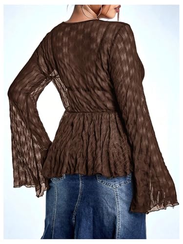 WDIRARA Women's Plus Size Sheer Mesh Tie Front Shirt Sexy Deep V Neck Long Bell Sleeve Tee Tops2