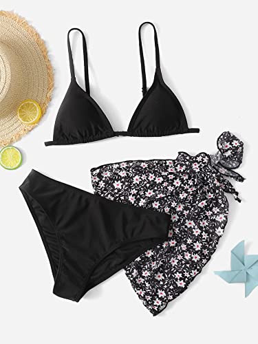 Image of SHENHE Girl's 3 Piece Swimsuit Cute Spaghetti Strap Triangle Bikini with Ditsy Floral Print Cover Up Kid Bathing Suit Black 170