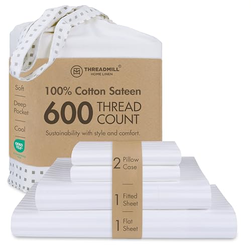 Image of Threadmill 100% Cotton Sheets for Cal King Size Bed - 600 Thread Count Cal King Bed Sheets Set with 16 inch Deep Pocket - Damask Stripe Sateen Weave 4-Piece Bedding Set with Cooling Effect, White